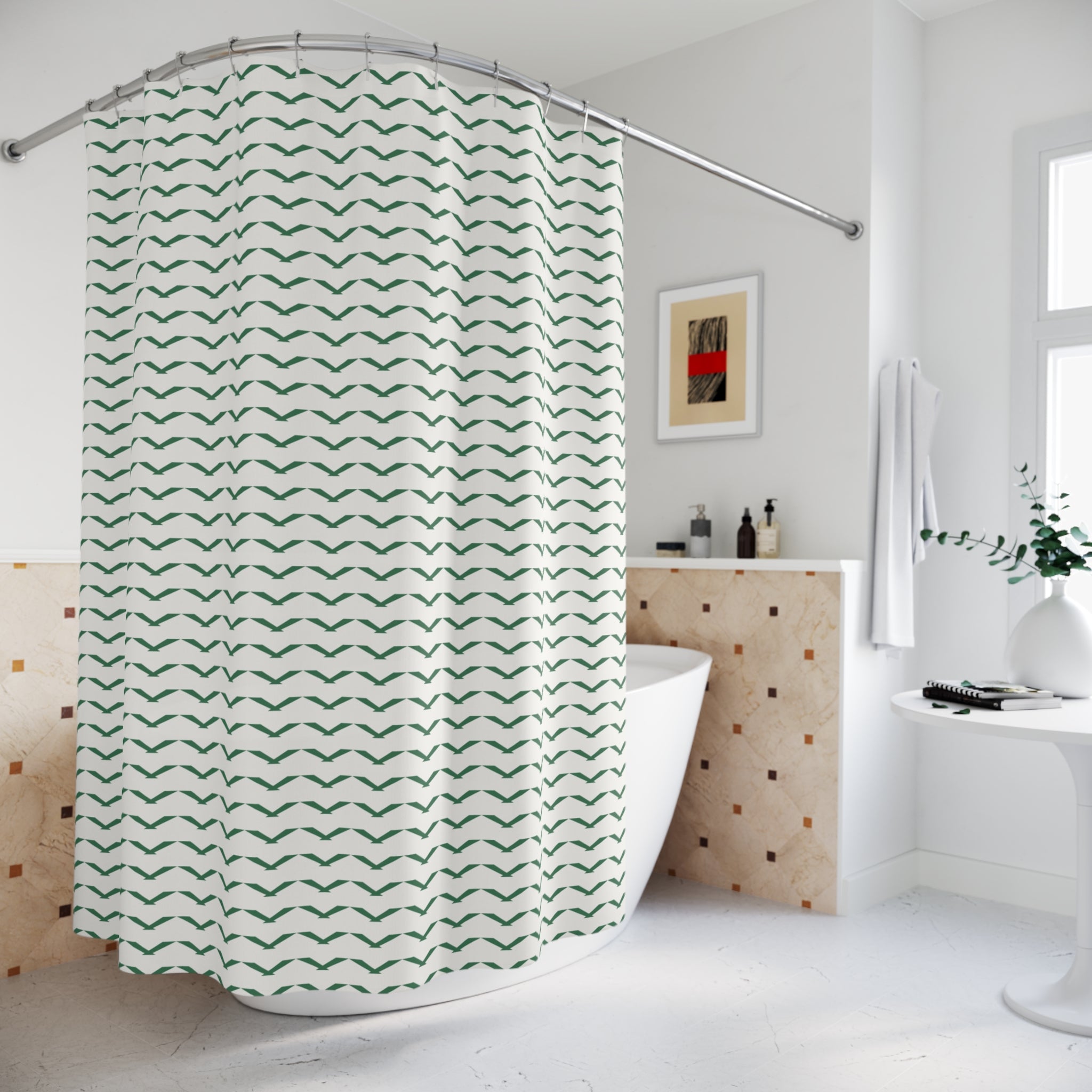 Green and White Chevron Shower Curtain