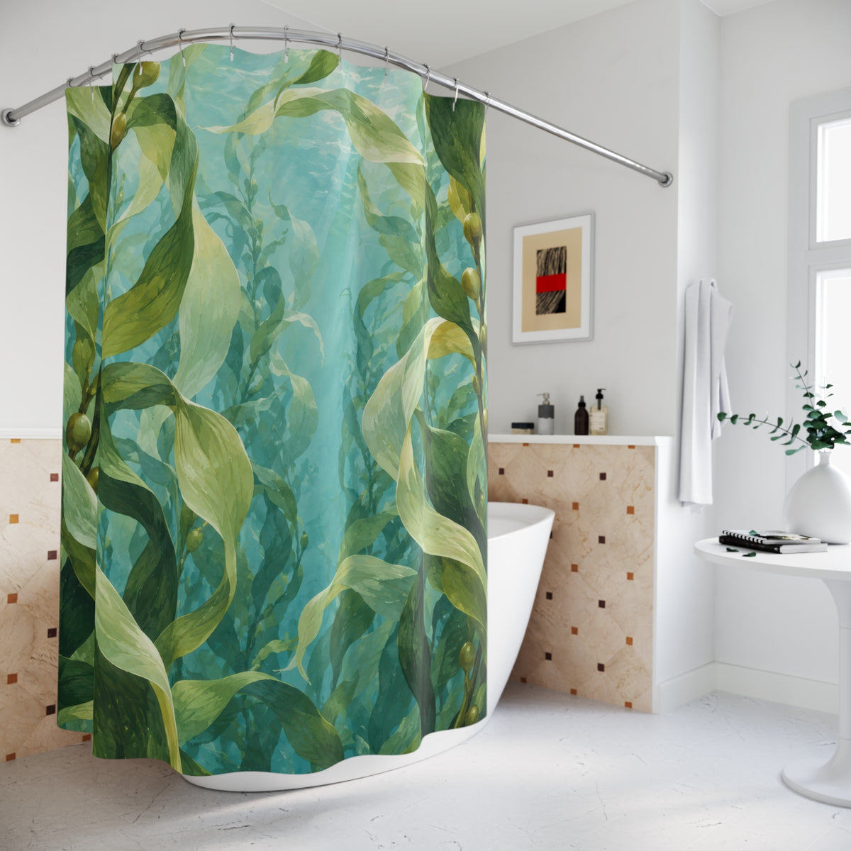 Green kelp in pale aqua water shower curtain beside a freestanding tub