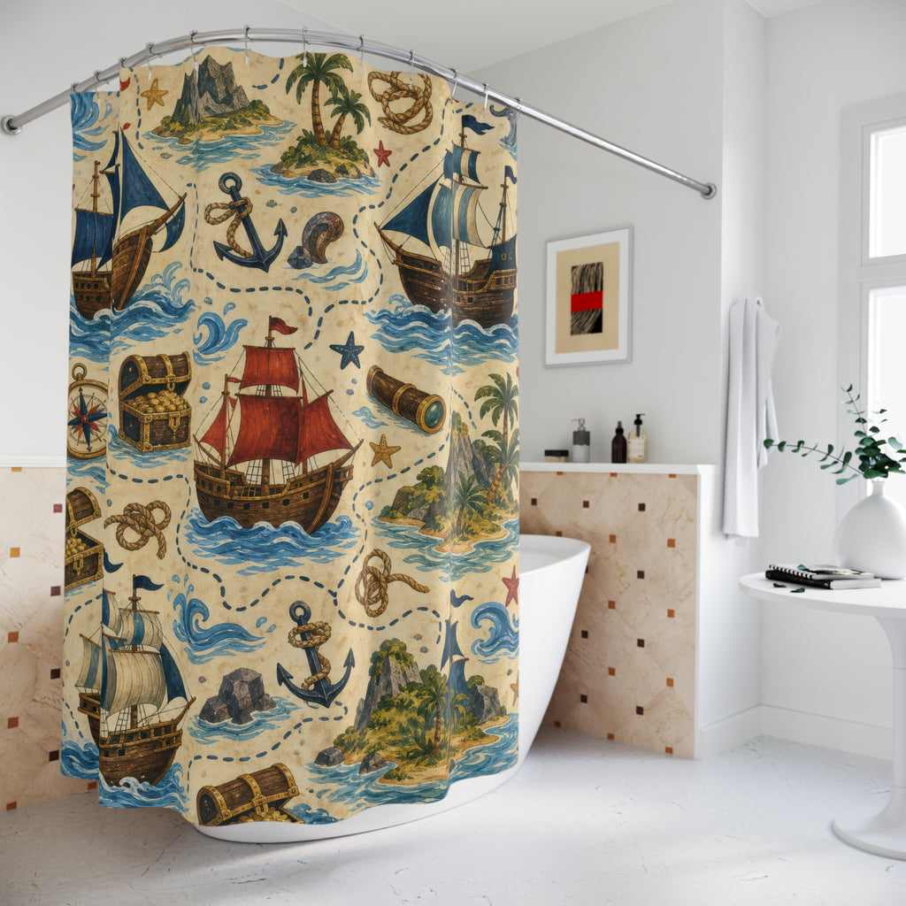 Pirate Ship Shower Curtain, Blue Kids Bathroom Decor, Treasure Map Bath Curtain, Boys Bathroom Decor, Nautical Adventure, Playful Style