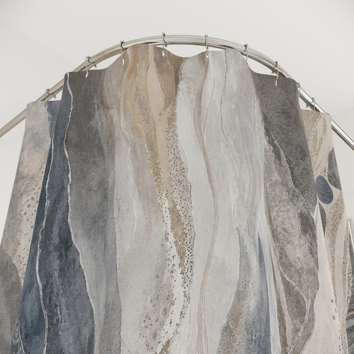 Stone Abstract slate gray blue shower curtain with close-up print, hooks, and folds