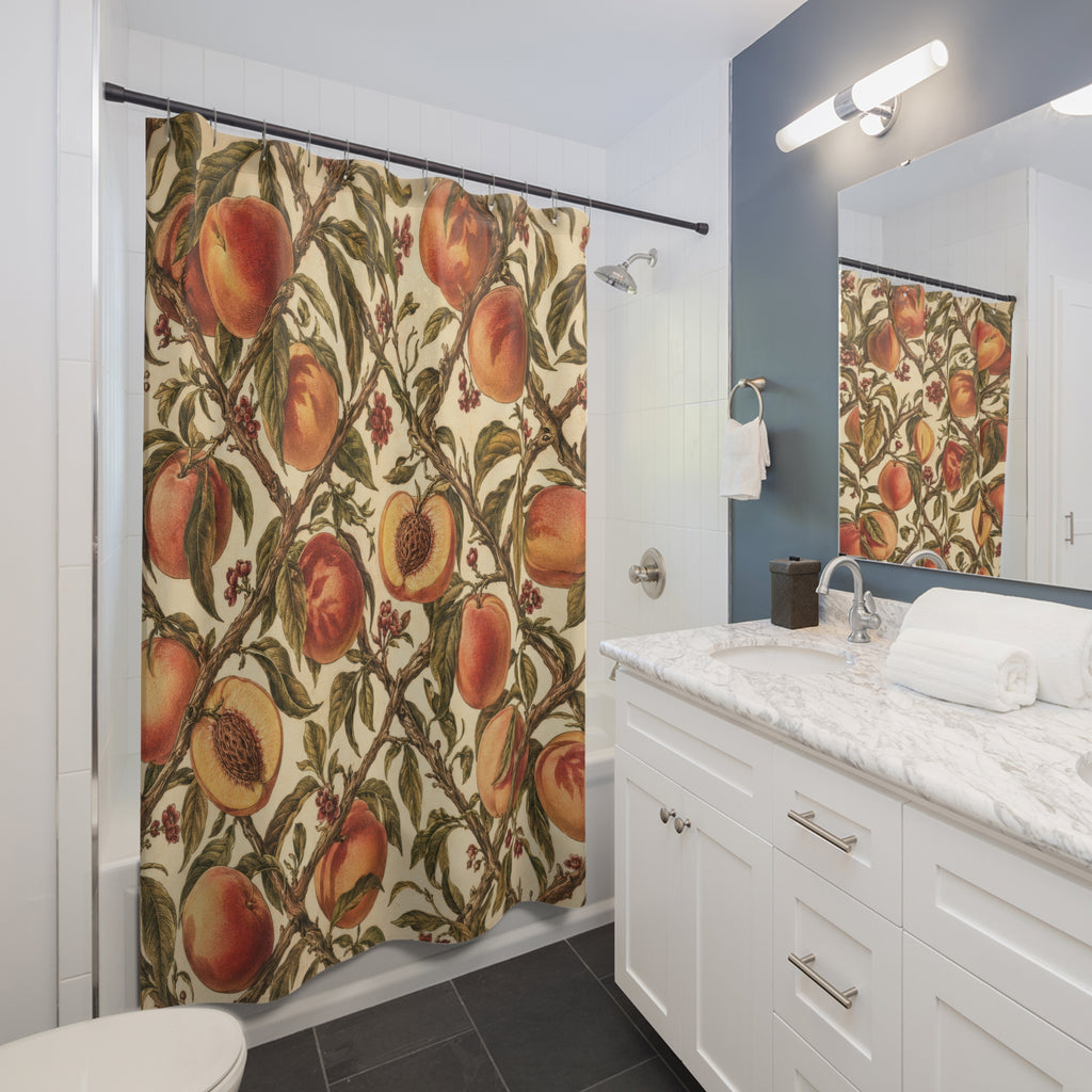 Peaches and olive leaves in a cream botanical trellis shower curtain beside a white vanity