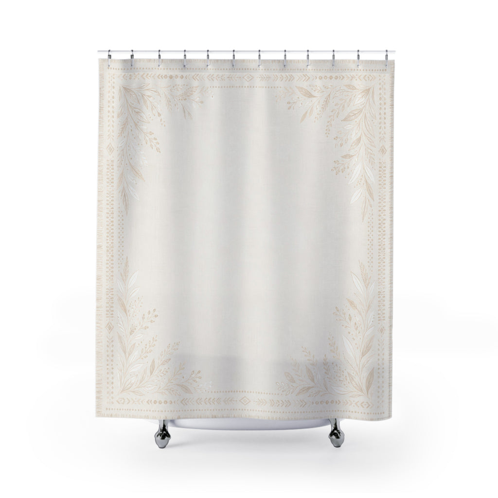 White Boho Shower Curtain, Botanical Border Bath Decor, Ivory Frame Pattern, Cream Guest Bathroom Decor, Soft Decorative Style Decor