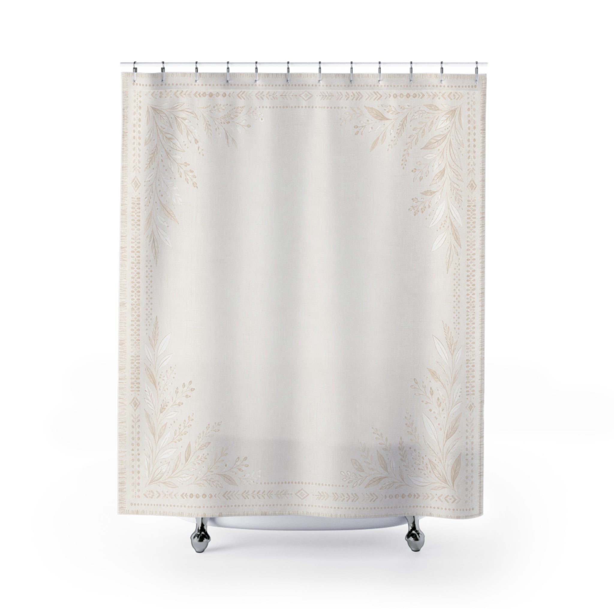 White Boho Shower Curtain, Botanical Border Bath Decor, Ivory Frame Pattern, Cream Guest Bathroom Decor, Soft Decorative Style Decor