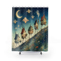 Whimsical walking village beneath a crescent moon shower curtain with full front view