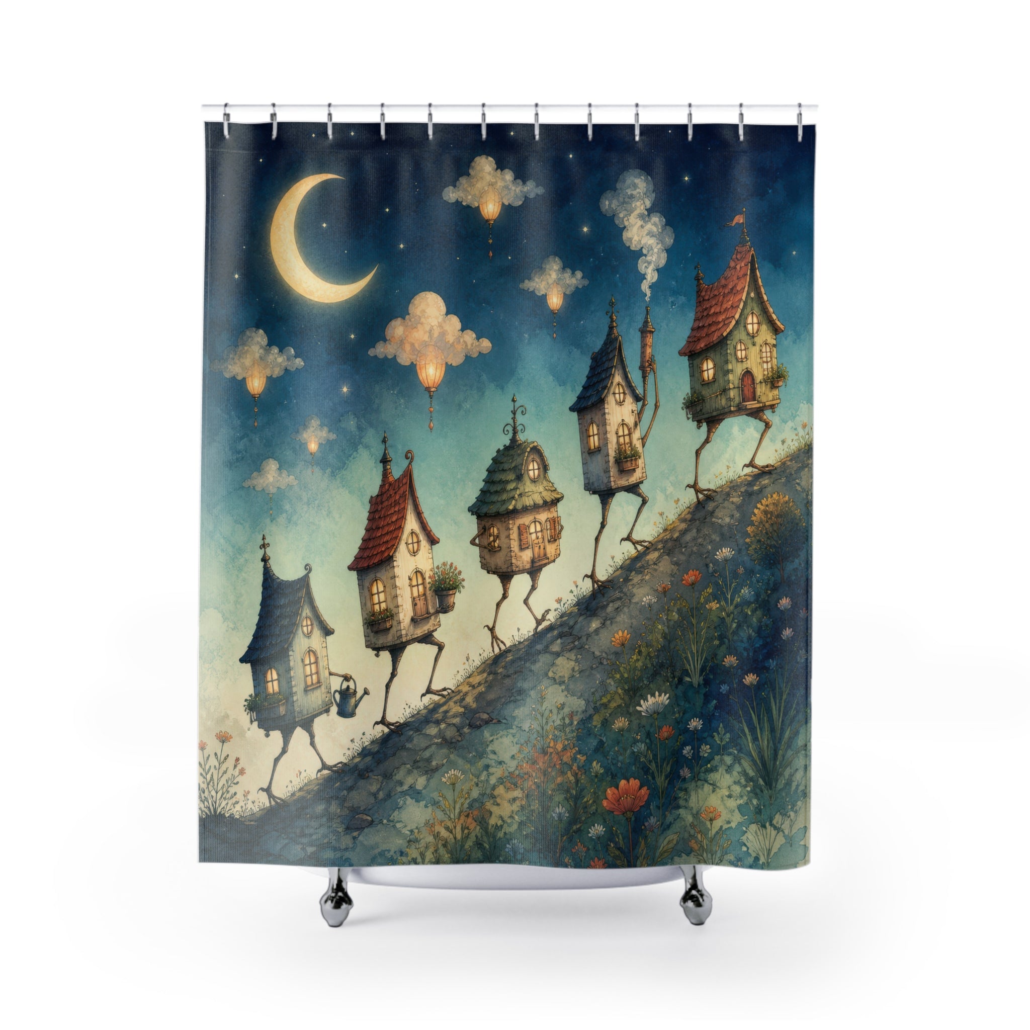 Whimsical walking village beneath a crescent moon shower curtain with full front view