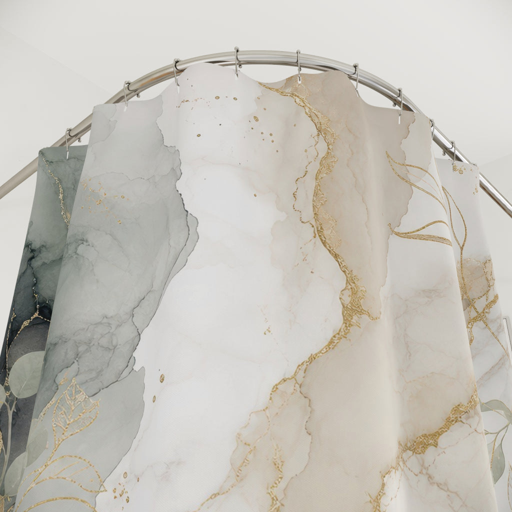 White Marble Shower Curtain: Grey Green Gold Abstract Floral