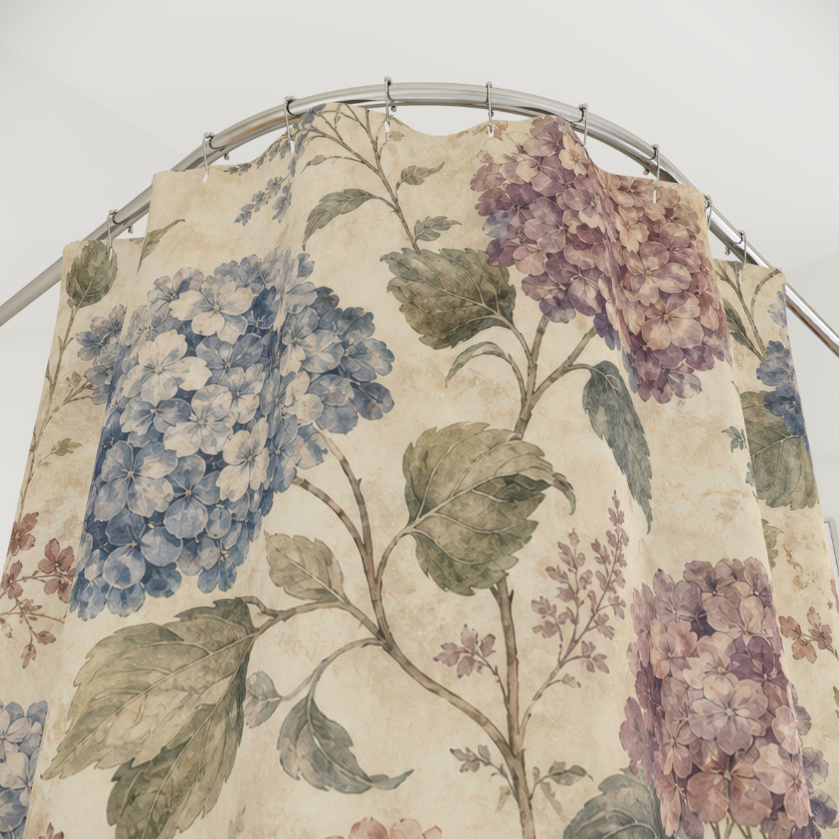 Blue Pink Vintage Floral hydrangea shower curtain with close-up print, hooks, and folds