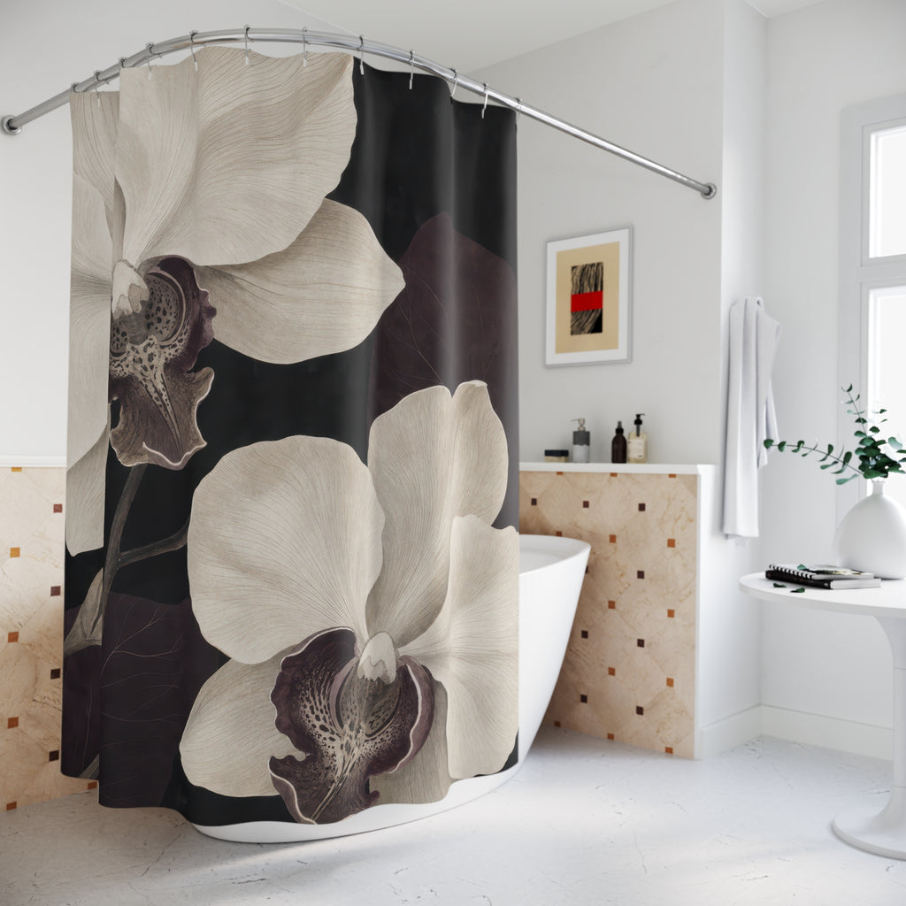 White Orchid Black Floral Shower Curtain: White Orchid Shower