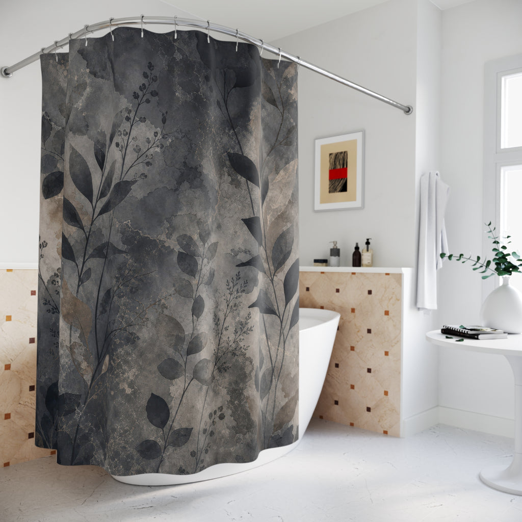 Grey Shower Curtain, Dark Botanical Watercolor Pattern, Black Charcoal Bathroom Decor, Moody Modern Guest Bath Leaf Style