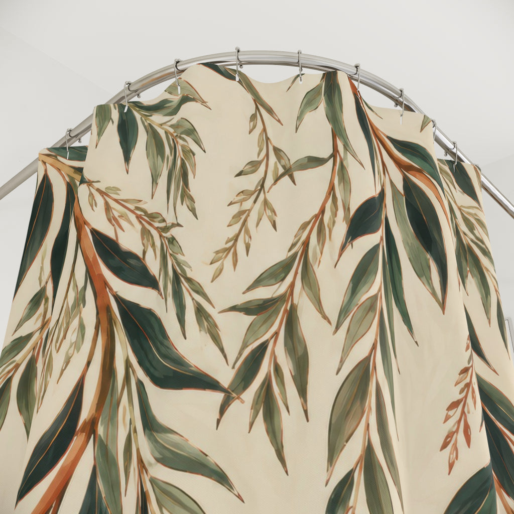 Copper and green weeping willow boughs shower curtain with close-up print, hooks, and folds
