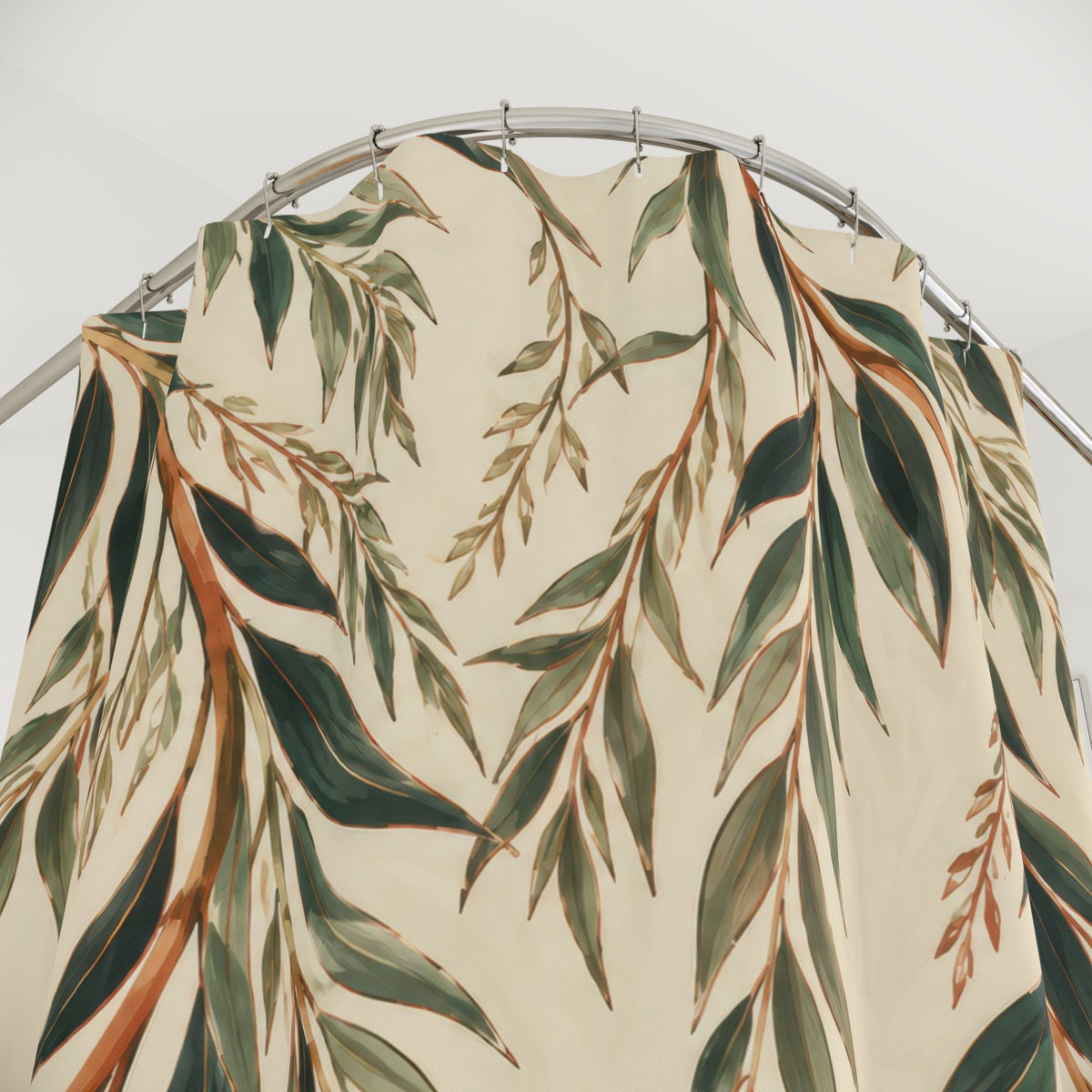 Copper and green weeping willow boughs shower curtain with close-up print, hooks, and folds