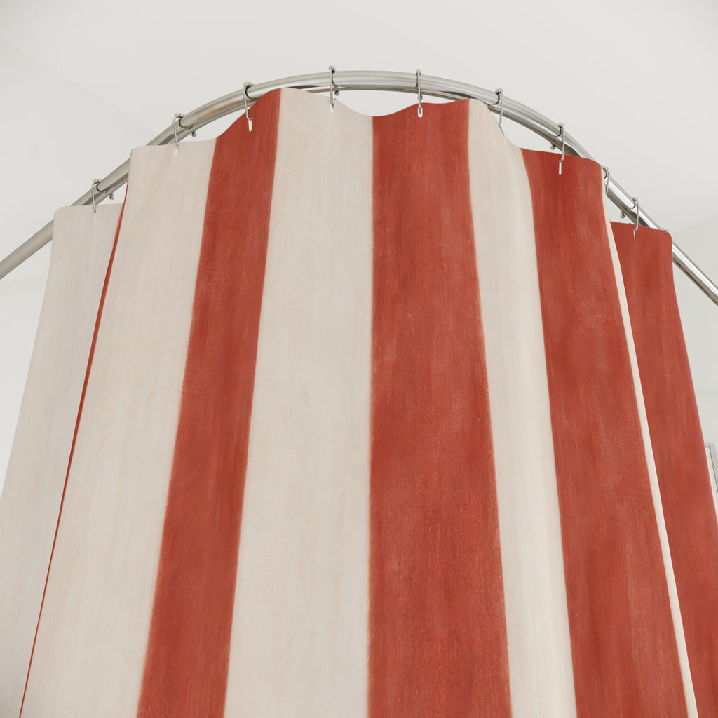 Red and White Painterly Stripe Shower Curtain