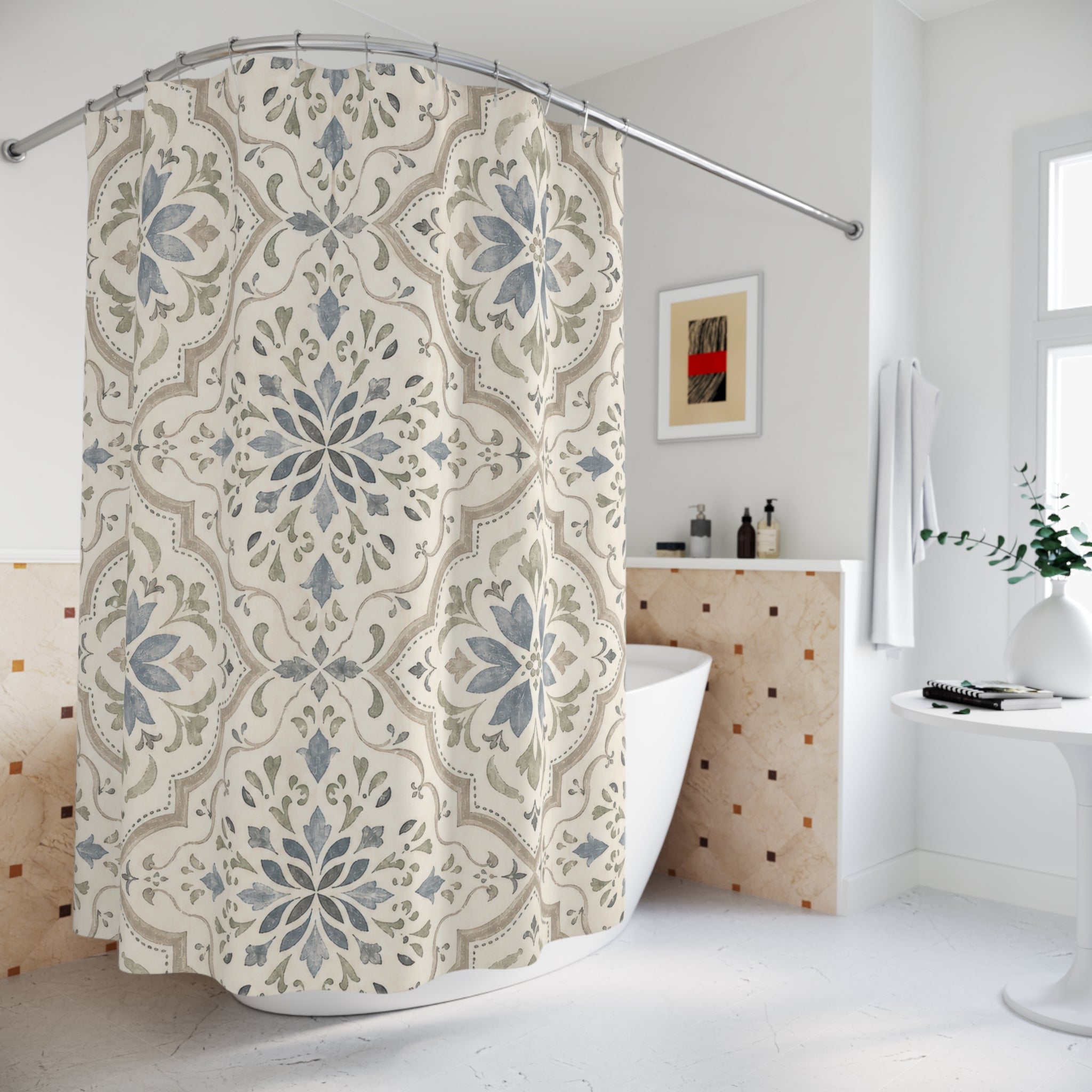 Blue Sage Moroccan Medallion Tile Geometric Farmhouse Beige Shower Curtain