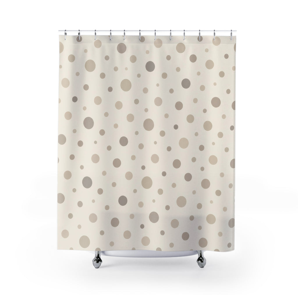 Neutral cream and taupe organic polka dots shower curtain with full front view