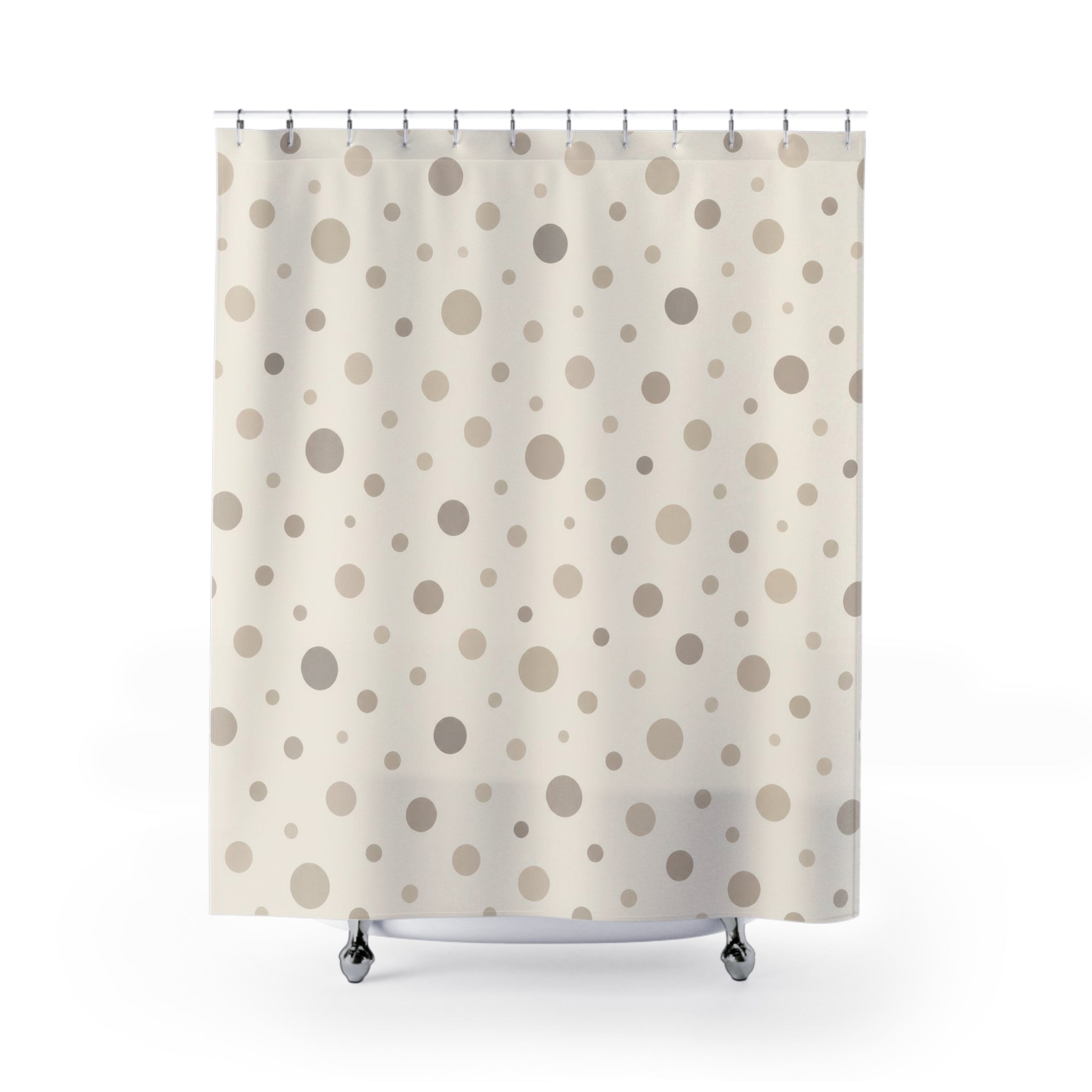 Neutral cream and taupe organic polka dots shower curtain with full front view