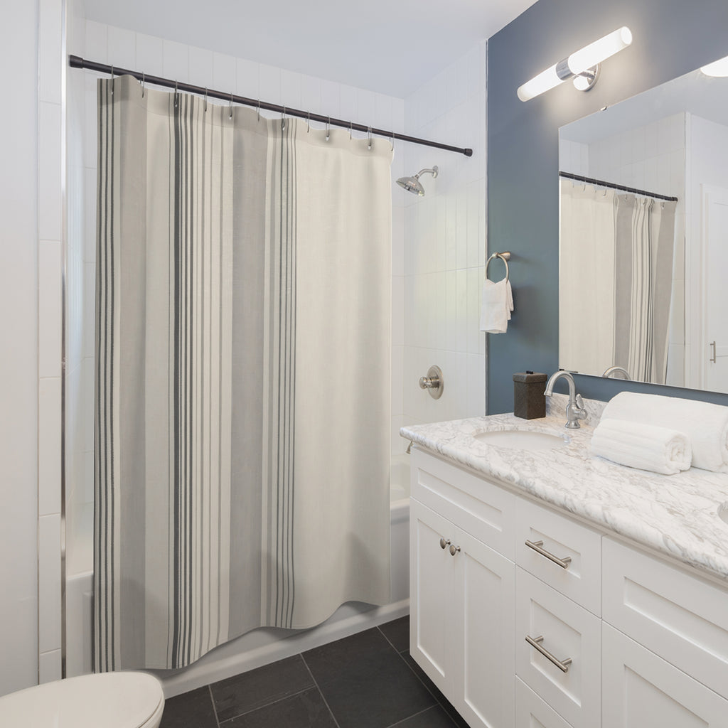 Neutral Grey Ticking Stripe Shower Curtain