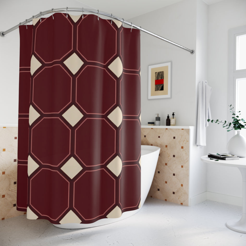 Maroon octagons with rose outlines and cream squares shower curtain beside a freestanding tub