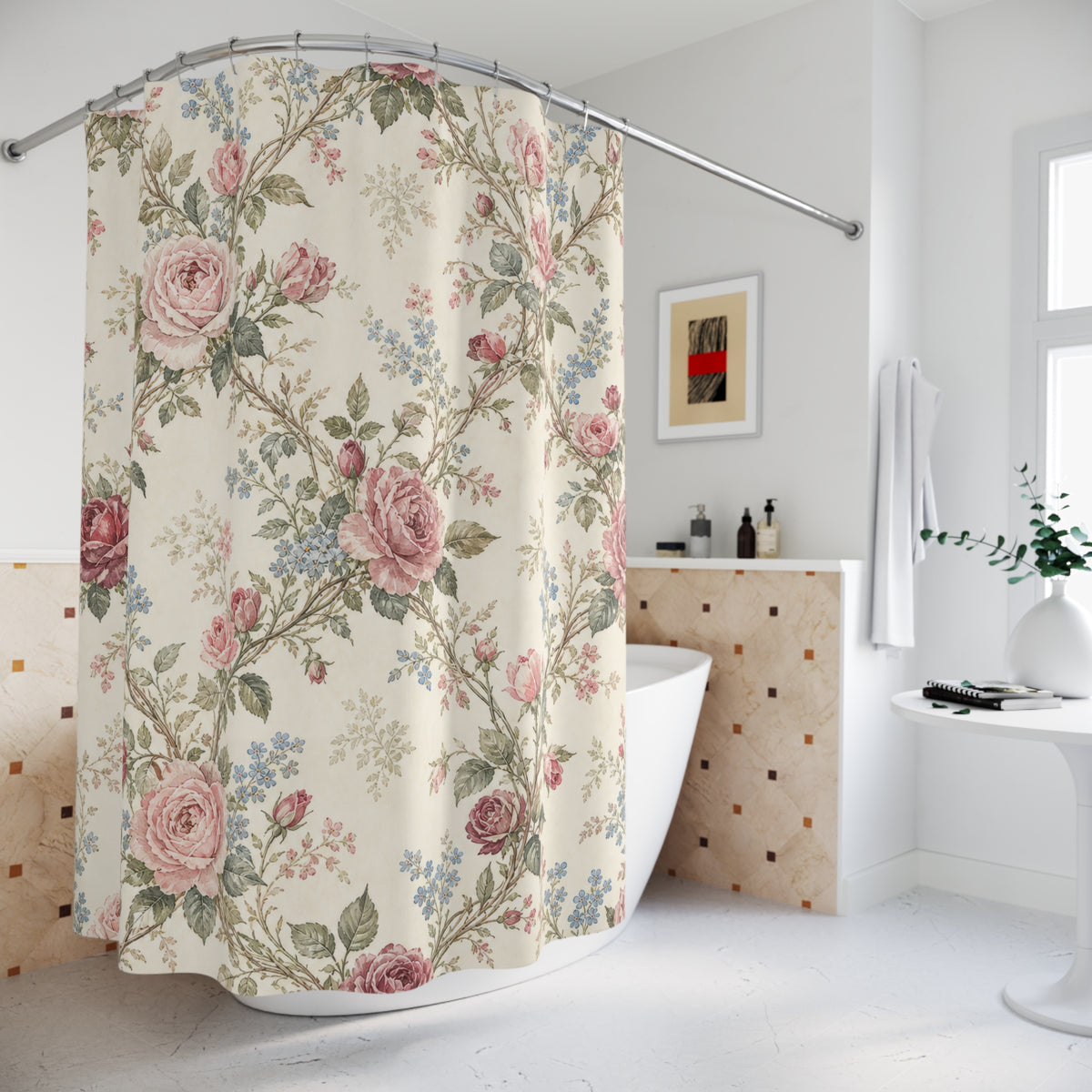 Vintage Floral Trellis rose pink shower curtain beside a freestanding tub