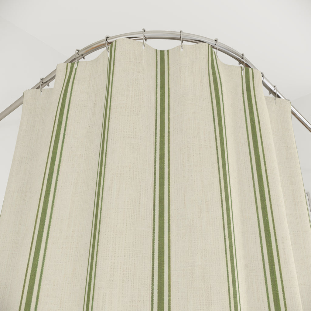 Green Ticking Stripe Shower Curtain, Sage Farmhouse Bath Decor, Cream Pinstripe Pattern, French Country Guest Bathroom Style Decor