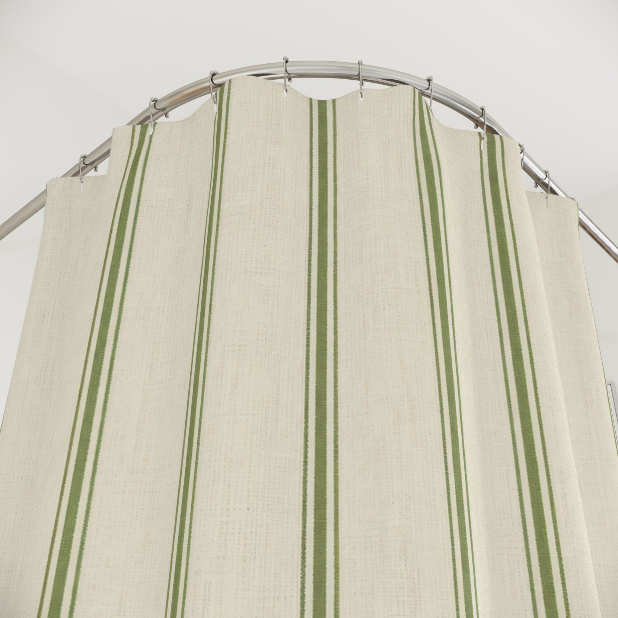 Green Ticking Stripe Shower Curtain, Sage Farmhouse Bath Decor, Cream Pinstripe Pattern, French Country Guest Bathroom Style Decor