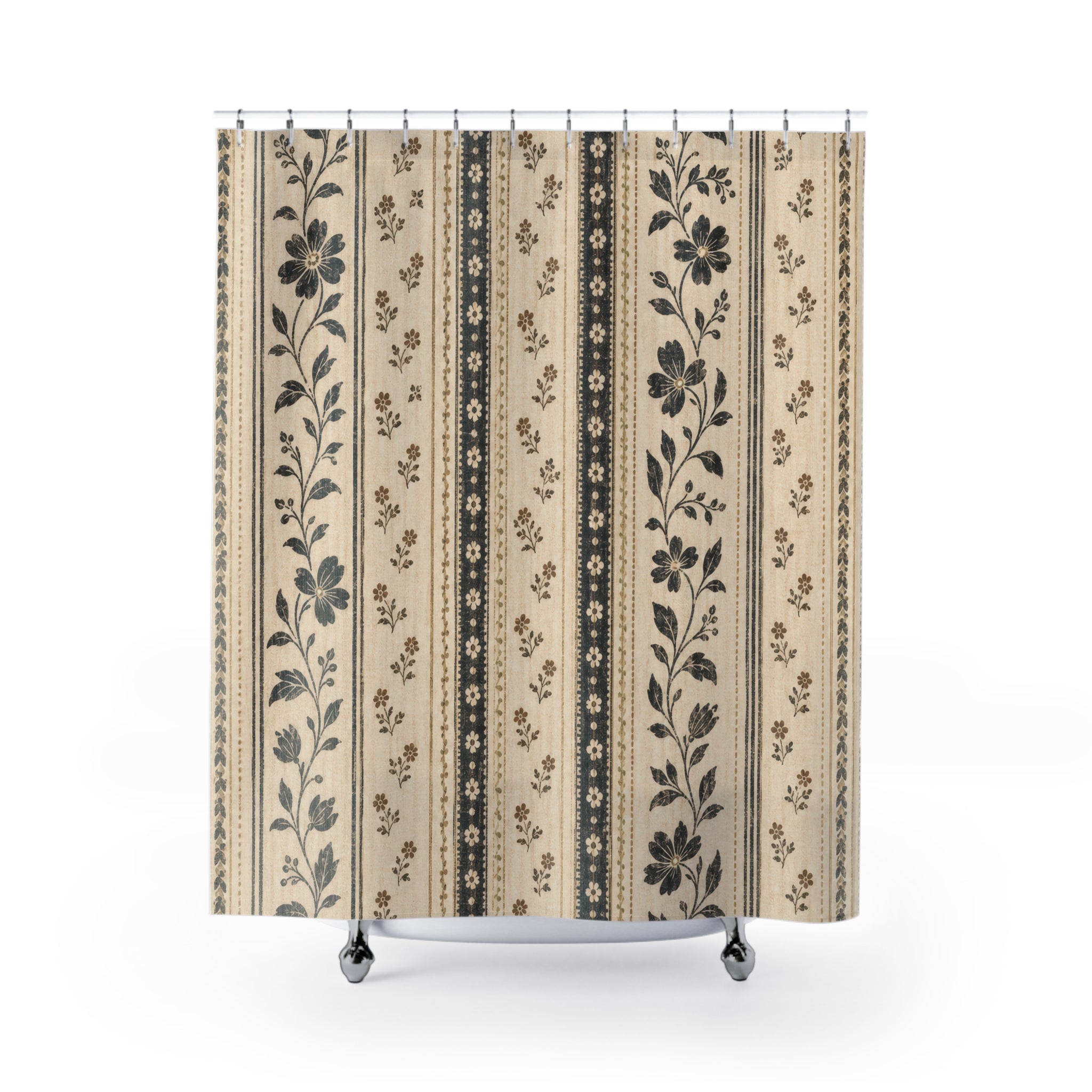 Coffee Cream Floral Stripe Shower Curtain