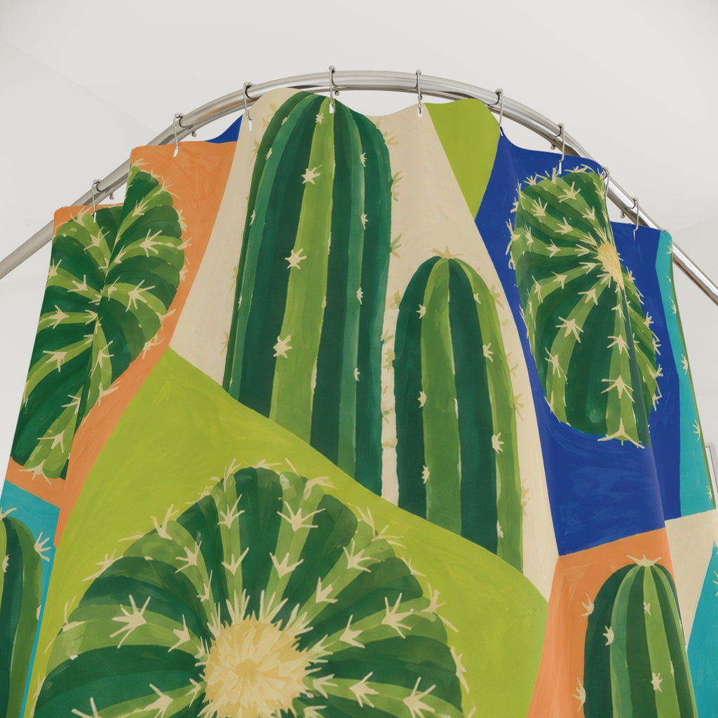 Green barrel and column cactus in colorful geometric panels shower curtain with close-up print, hooks, and folds