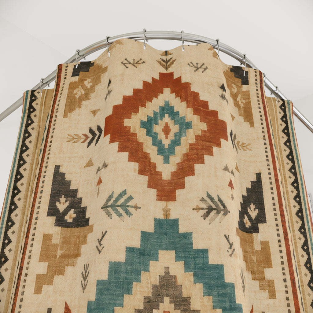 Southwest Shower Curtain, Rust Teal Geometric Diamond Pattern, Boho Desert Bathroom Decor, Boho Desert Wall Decor Guest Bath Wall Gift