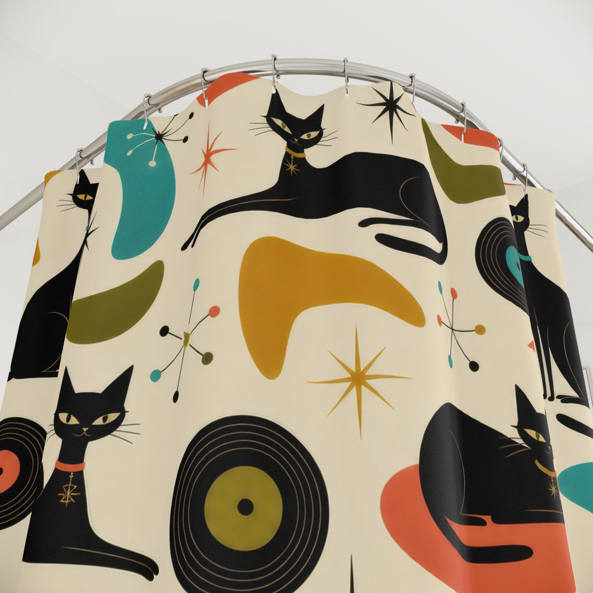 Retro Cat Mid Century Atomic Black Cats shower curtain with close-up print, hooks, and folds