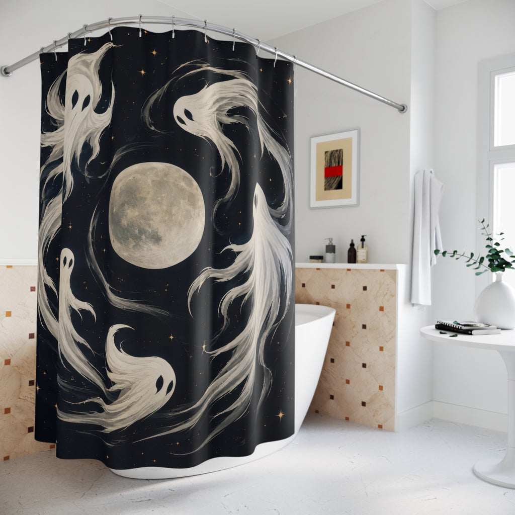 Ivory white ghosts orbiting a pale moon shower curtain beside a freestanding tub