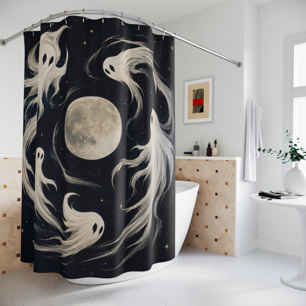 Ivory white ghosts orbiting a pale moon shower curtain beside a freestanding tub