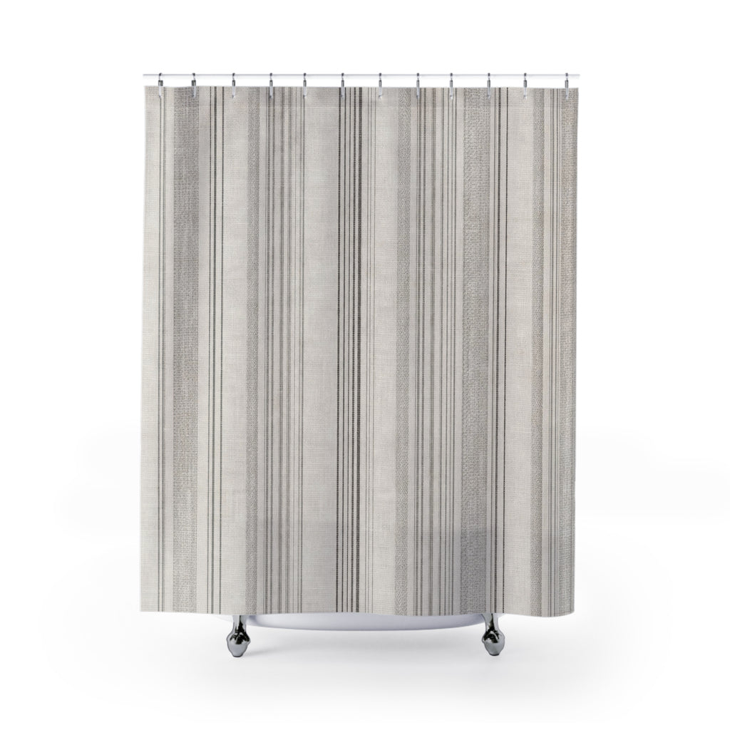 Striped Shower Curtain, Grey Stripe Bath Decor, Gray Cream Vertical Pinstripe Pattern, Classic Guest Bathroom Decor, Tailored Neutral Style