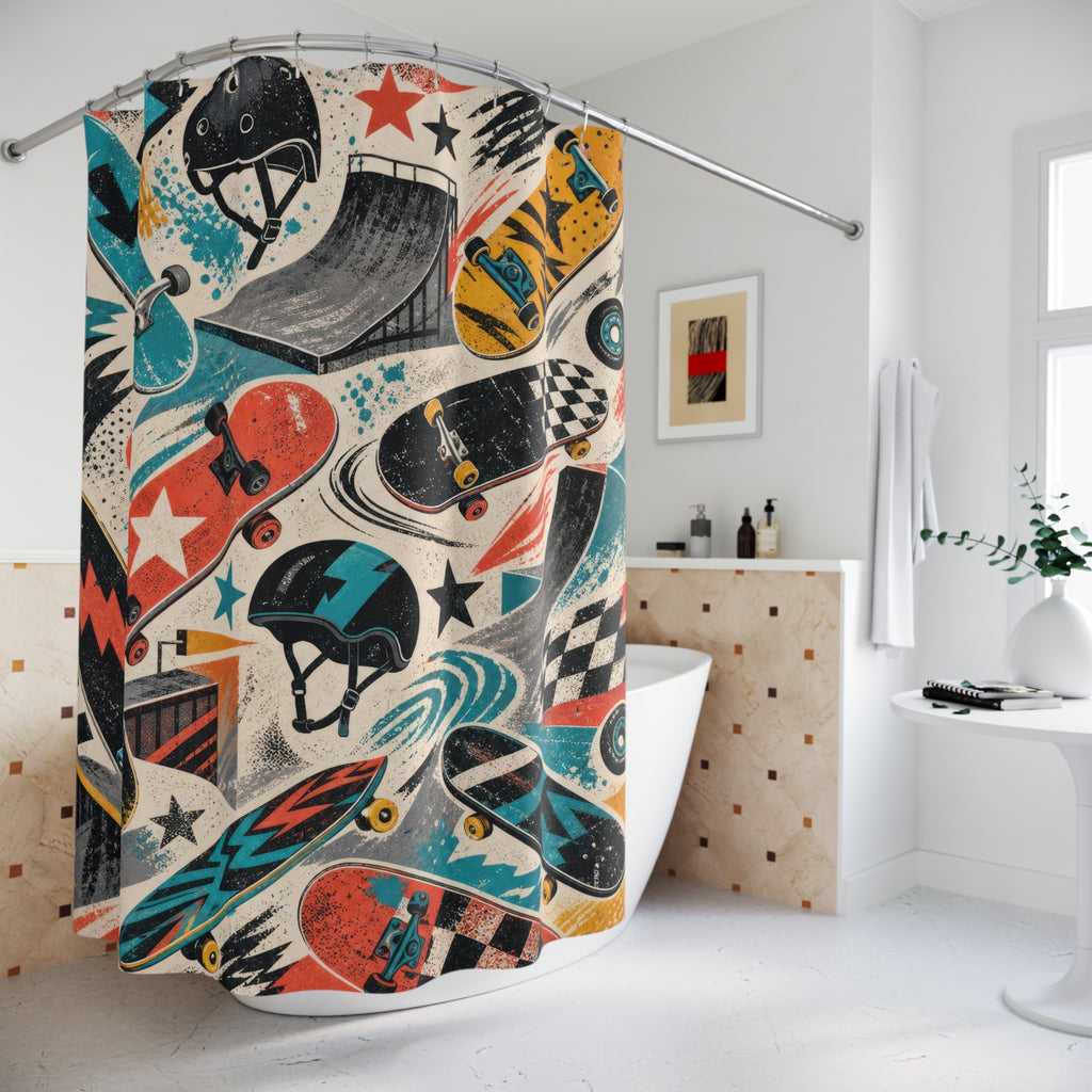 Skateboard Shower Curtain, Kids Bathroom Decor, Skate Pattern Bath Curtain, Boys Bathroom Decor, Action Sports Style, Bath Decor, Guest Bath