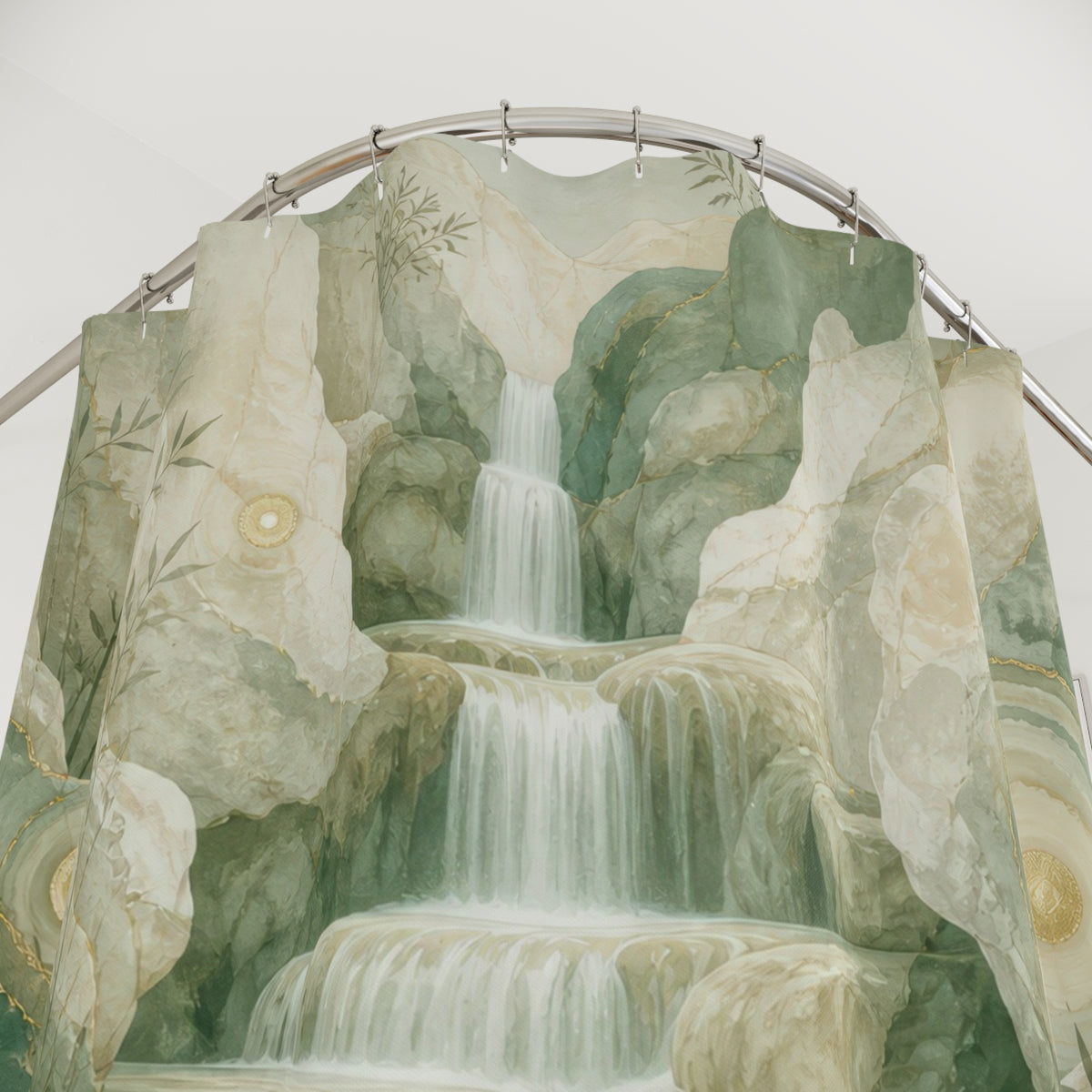 Luminous waterfall descending through layered sage mineral cliffs shower curtain with close-up print, hooks, and folds
