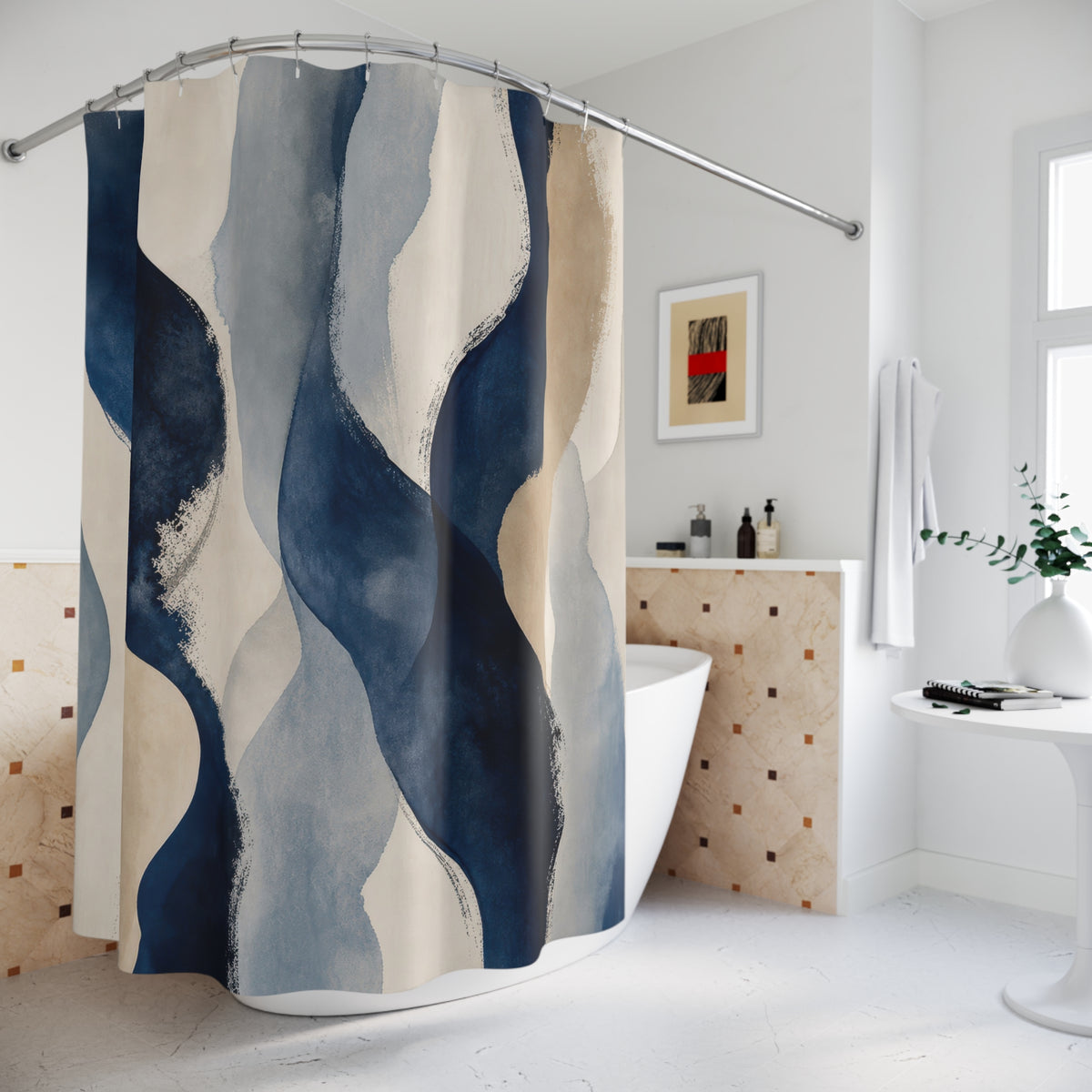 Navy Beige Watercolor Wave Stripe Shower Curtain