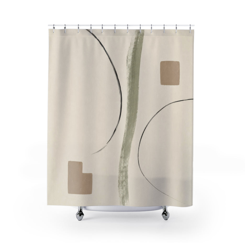 Beige Black Abstract Line Art Shower Curtain