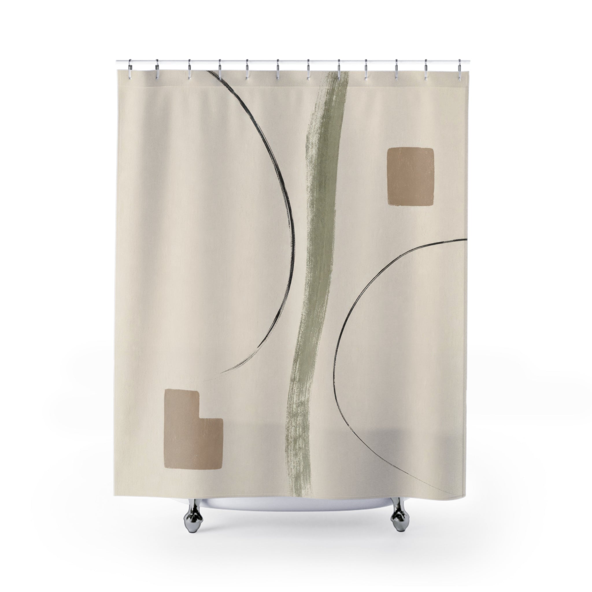 Beige Black Abstract Line Art Shower Curtain