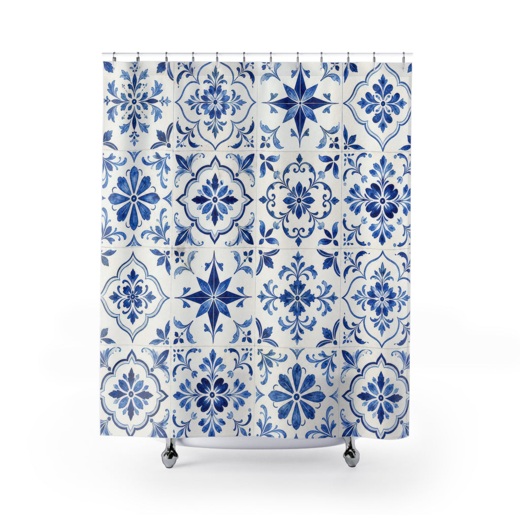 Blue Medallion Tile Shower Curtain, Blue White Classic Bathroom Decor, Tile Floral Bath Curtain, Guest Bath Decor, Small Bathroom Decor