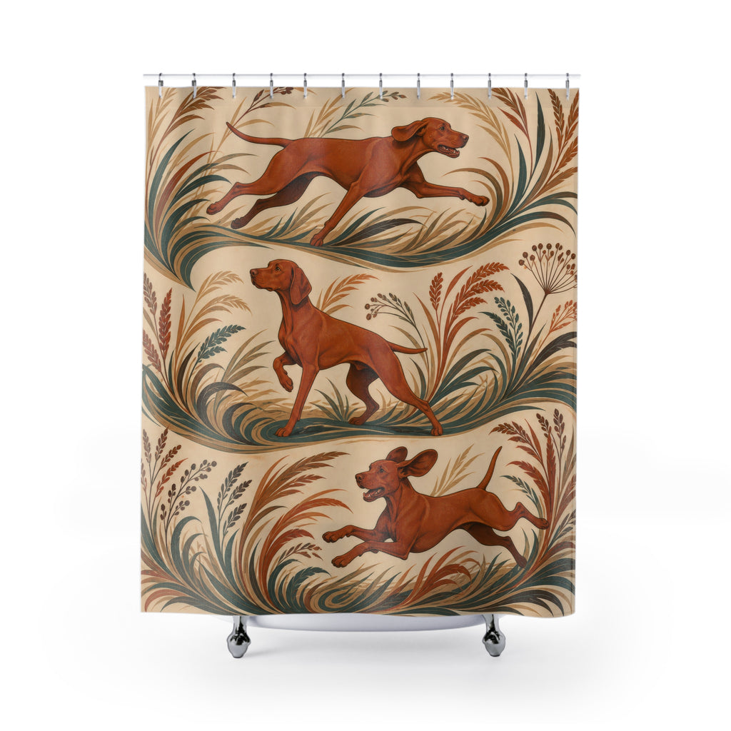 Botanical running Vizsla shower curtain with full front view