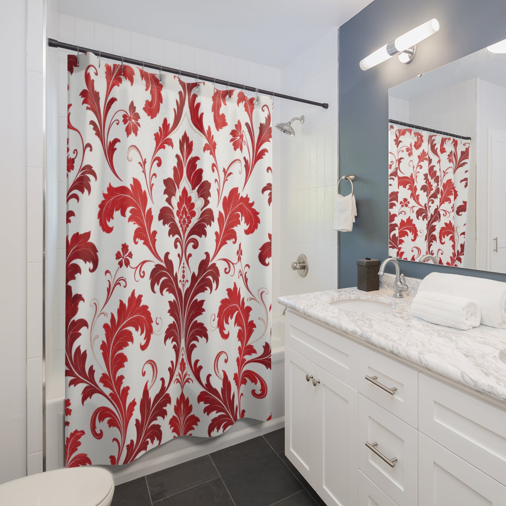 Red White Damask Shower Curtain