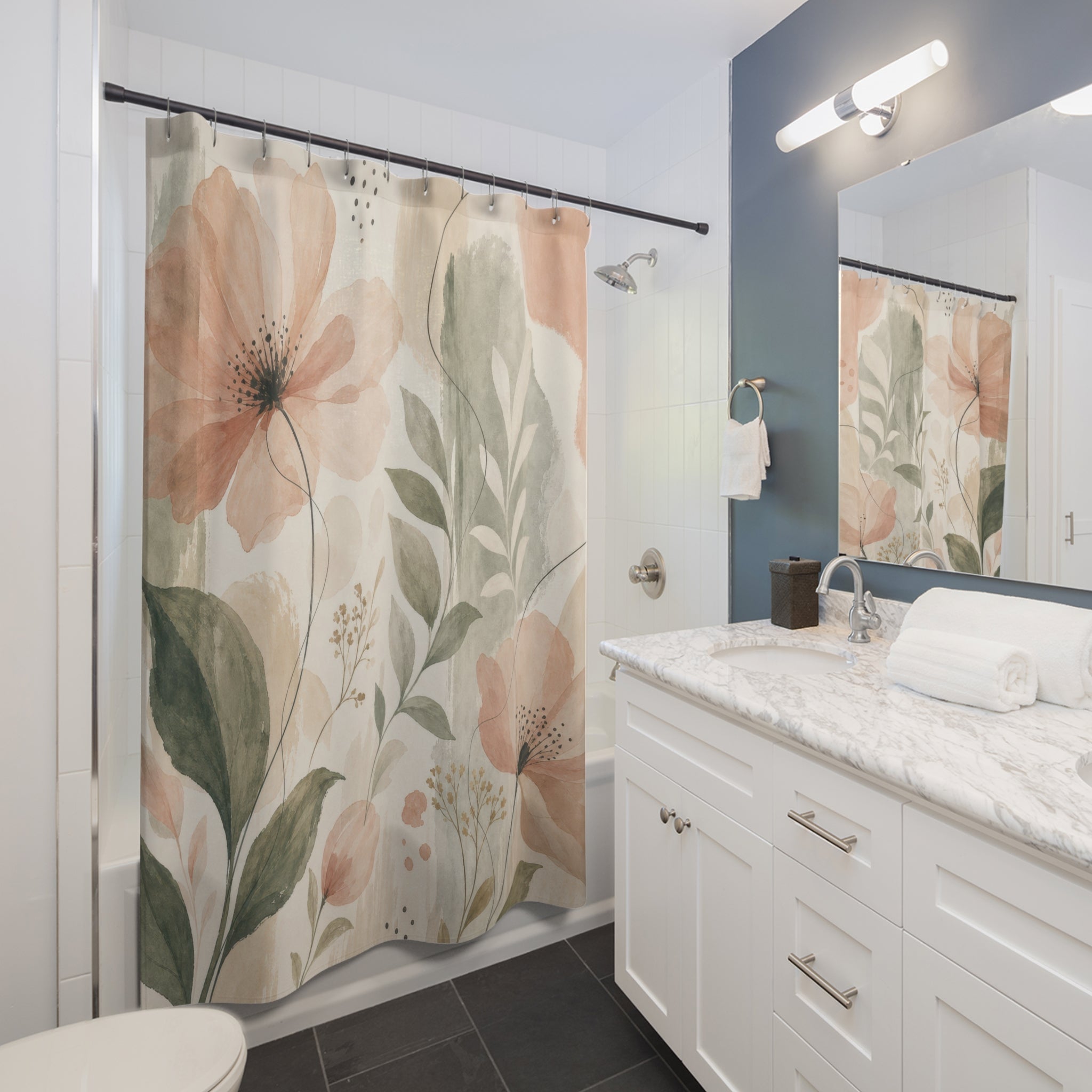 Peach Aesthetic Watercolor Floral Shower Curtain