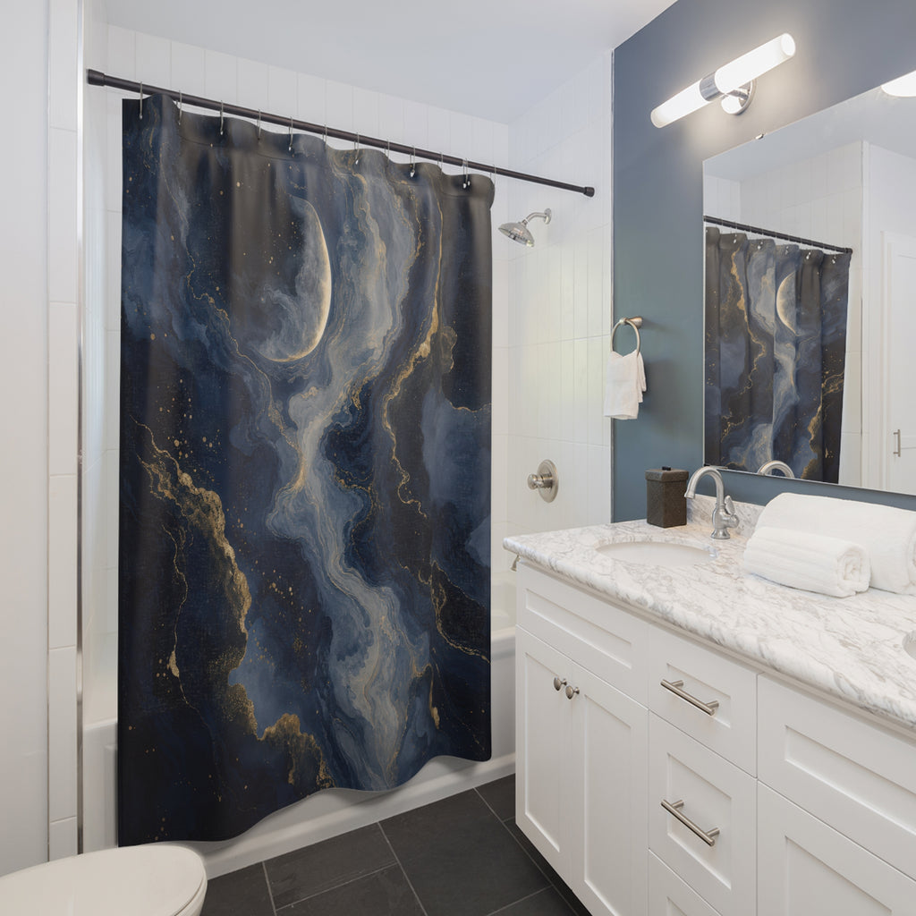 Navy Crescent Moon Marbled Shower Curtain