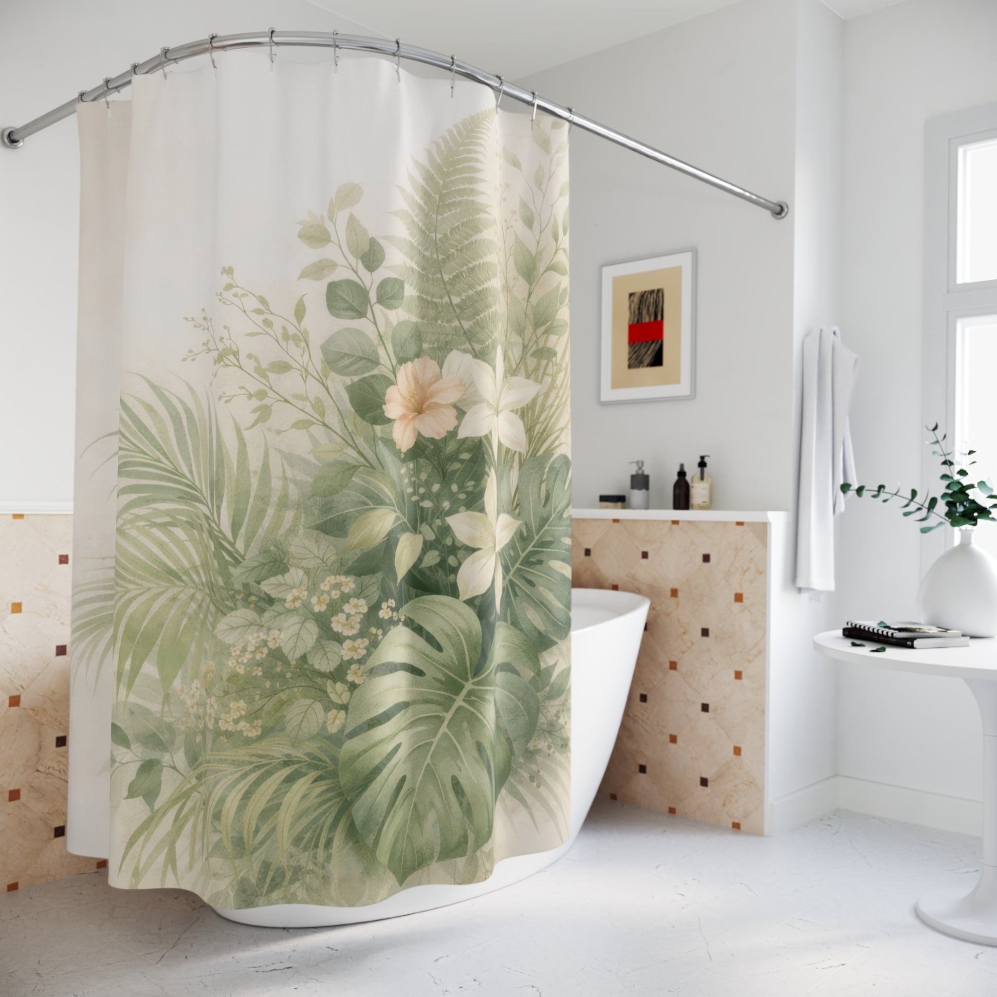 Tropical Botanical Shower Curtain – Palm and Monstera