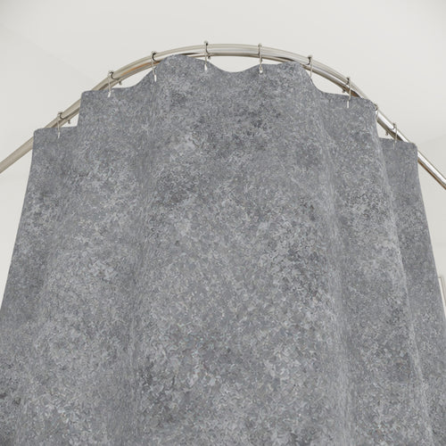 Abstract Gray decorative shower curtain with close-up print, hooks, and folds