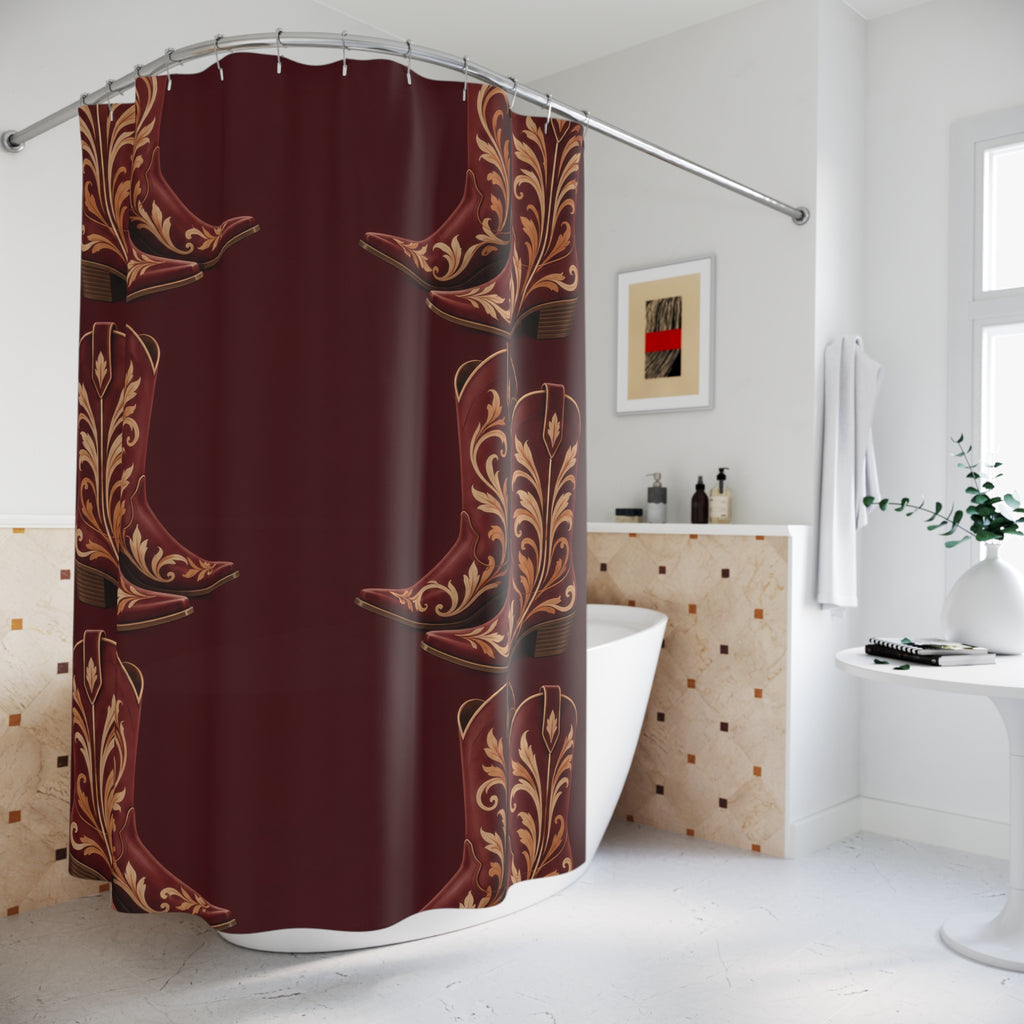 Maroon cowboy boots with cream and ochre scrollwork shower curtain beside a freestanding tub