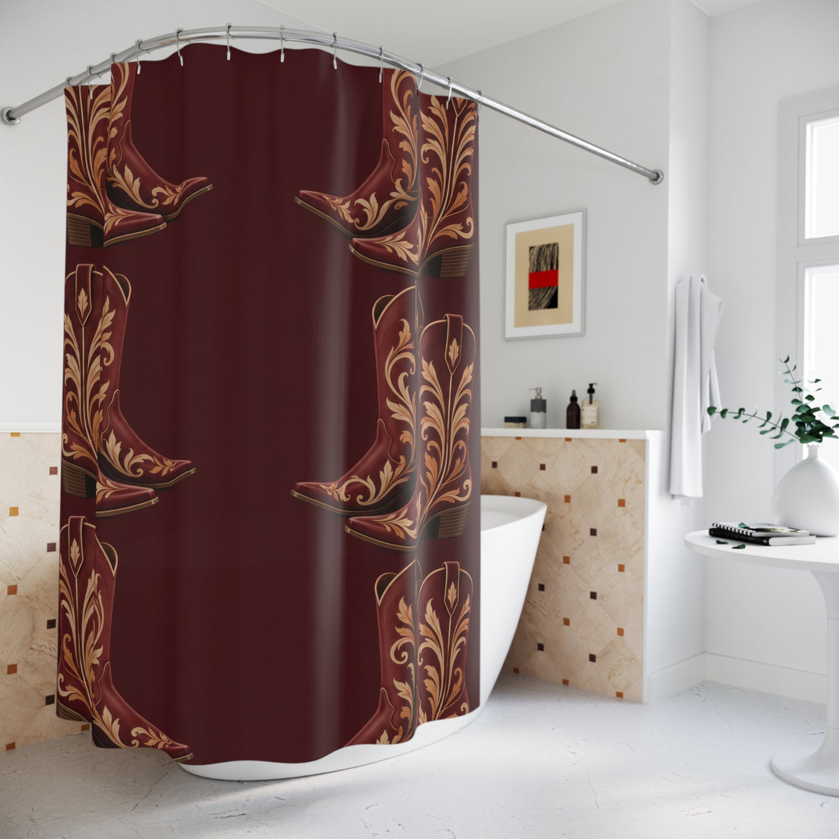 Maroon cowboy boots with cream and ochre scrollwork shower curtain beside a freestanding tub