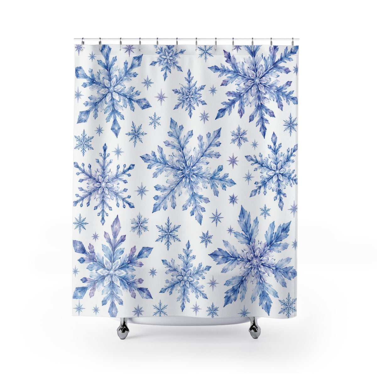 Blue and lilac watercolor snowflakes on white shower curtain with full front view