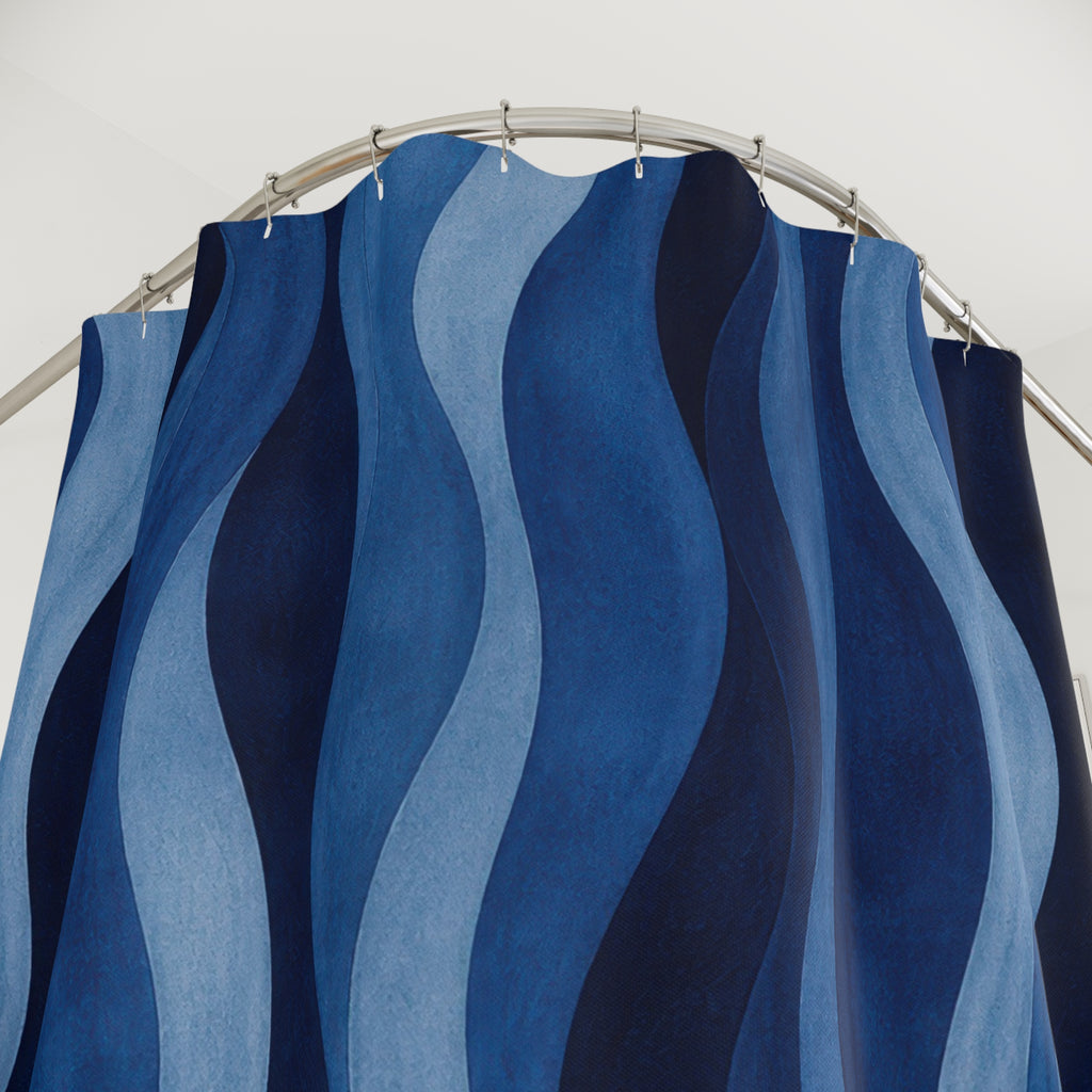 Navy Cobalt Ripple Stripe Shower Curtain