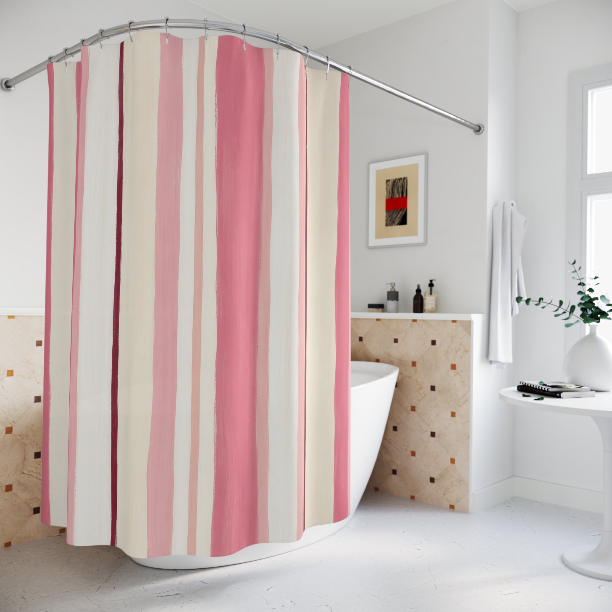 Rose Cream Brush Stripe Shower Curtain