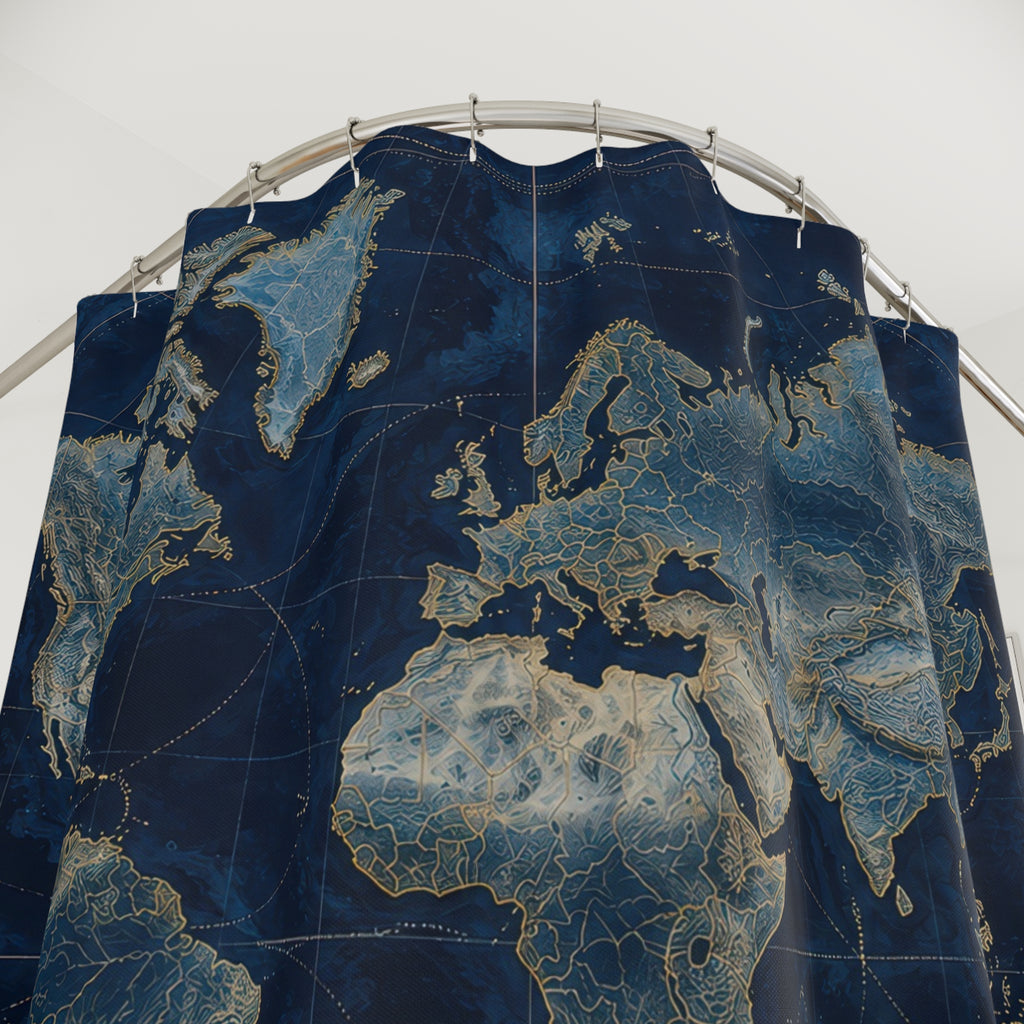 Navy world map with gold-toned compass and coastlines shower curtain with close-up print, hooks, and folds