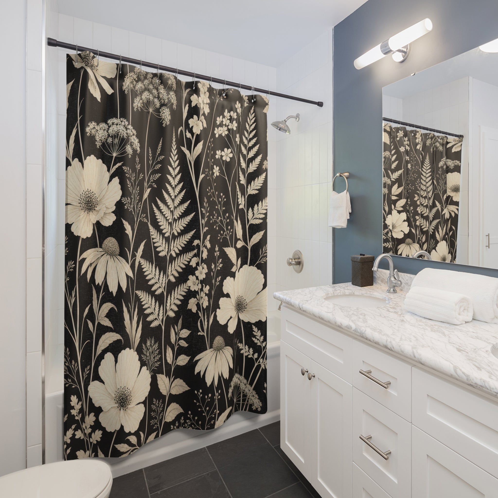 Black Cream Dark Botanical Shower Curtain